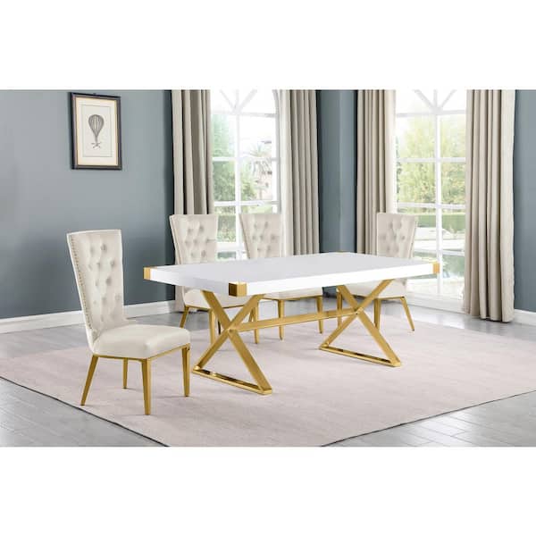 Best Quality Furniture Miguel 5-Piece Rectangle White Wood Top Gold Stainless Steel Dining Set with 4 Cream Velvet Chairs