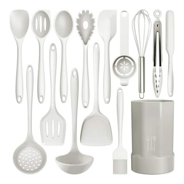 15-Piece Silicone Cooking Utensils Set with Turner, Tong, Spatula, Spoon, Brush, Whisk, 446°F Heat Resistant, White