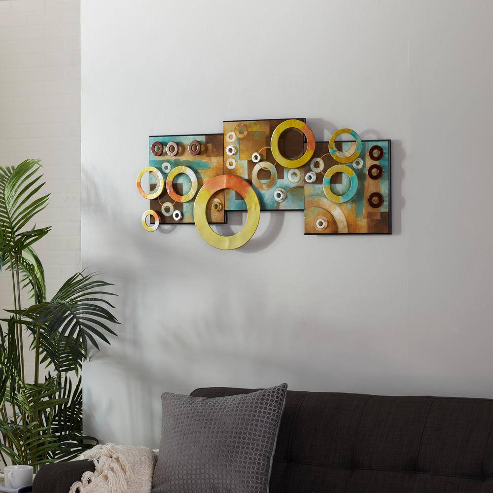 36" Multi-Colored Wood and Iron Geometric Wall Art