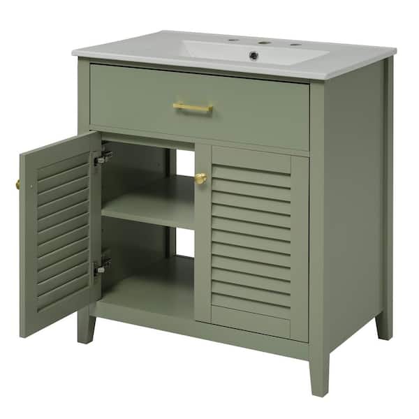 Unbranded 30 in. W Freestanding Bath Vanity in Green with White Ceramic Top 1 Pullout and Multi-functional Shelf Dividers