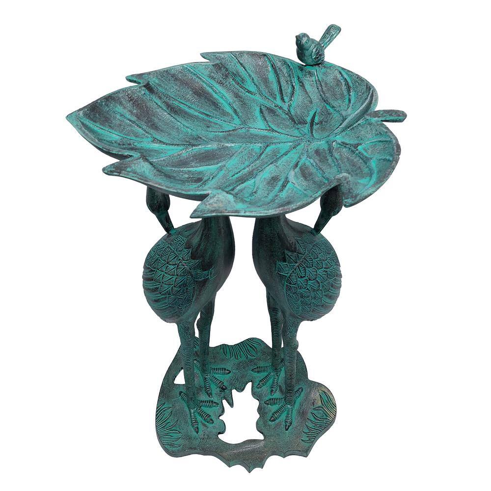 Cast Aluminum Twin Crane Bird Bath with Leaf Bowl in Black Patina