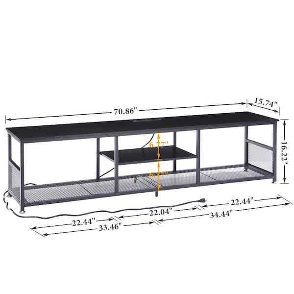 TV Stand with Power Outlets for Televisions up to 80", 70" Media Entertainment Center with 3-Tier Open Shelves Black