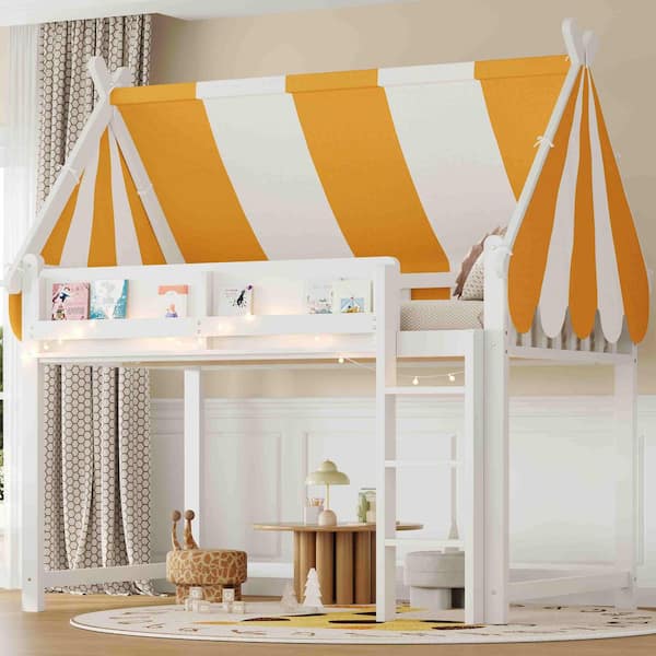 White Full Wood Loft Bed with Canopy, LED Lights and Book Shelf