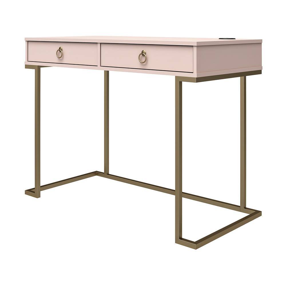 Pink Wood Writing Desk with Gold Metal Legs and Drawer