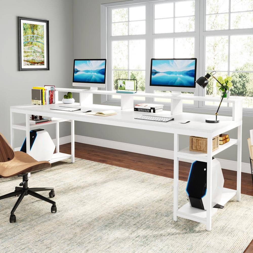 White Double Workstation Desk with Bookshelf and Storage Shelves