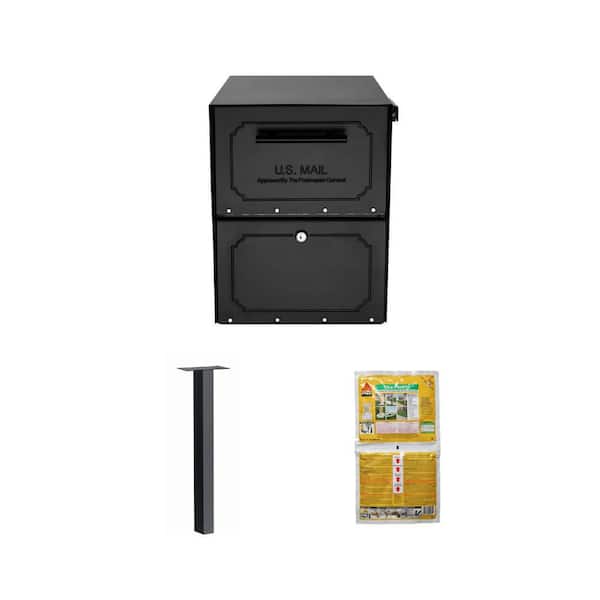 Oasis Classic Black Extra Large Locking Parcel Mailbox, 46-1/2 in. Black Post and 2 lb. PostFix Mix Combo