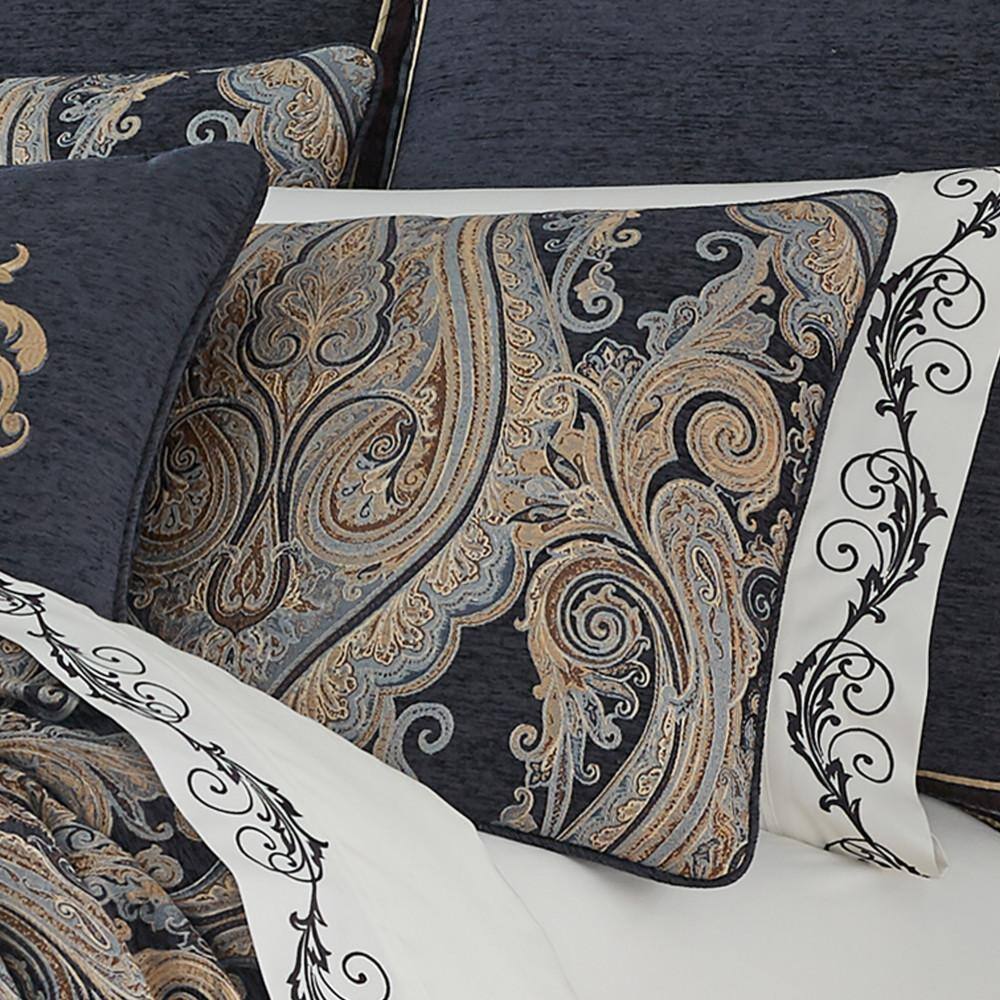 Indigo and Beige Microfiber King Bedding Set with Gathered Embellishment