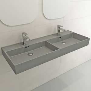 Milano Wall-Mounted Matte Gray Fireclay Rectangular Double Bowl for Two 1-Hole Faucets Vessel Sink with Overflows
