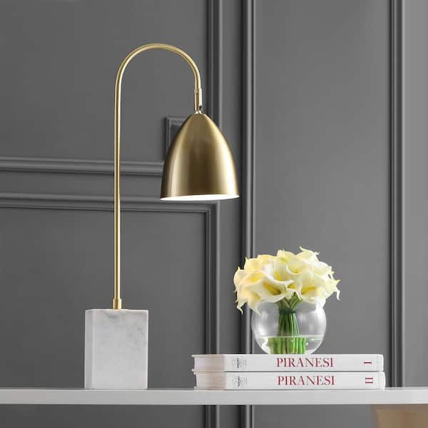 JONATHAN Y Ana 26 in. Gold Arched Metal with Marble Base LED Table Lamp, Brass Gold/White
