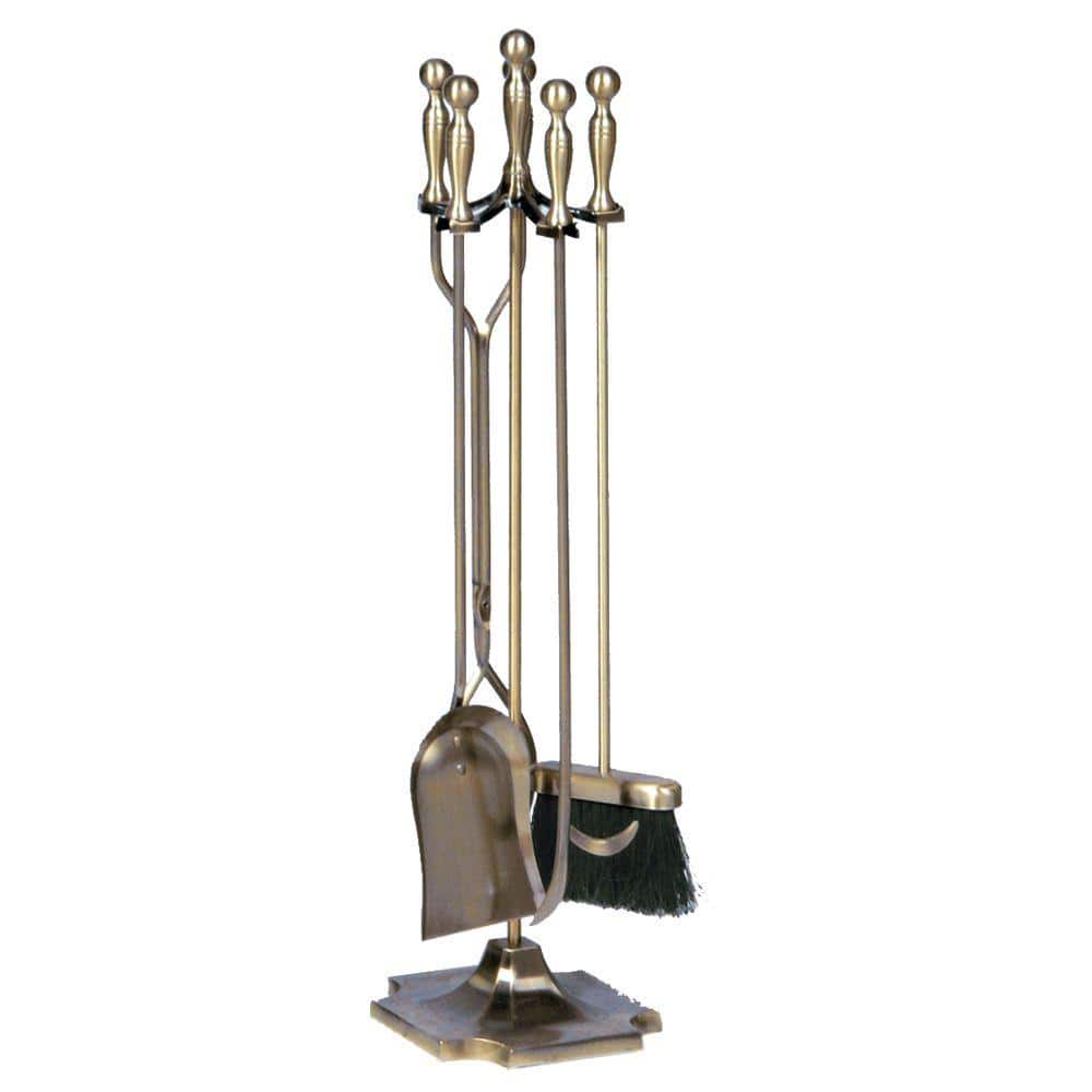 Uniflame Antique Brass 5 Piece Fireplace Tool Set With Heavy Weight Cast Iron Construction T51030ab The Home Depot