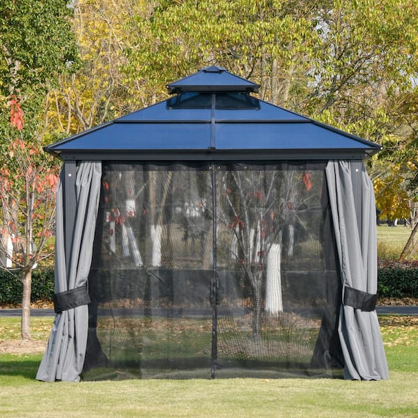 Outsunny 10 ft. x 10 ft. Black Polycarbonate Hardtop Patio Gazebo with Double-Tie Roof and Sidewall Nettings