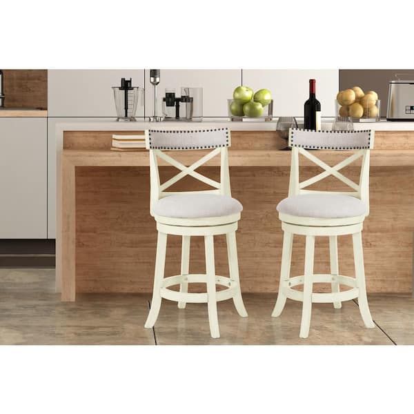 New Classic Furniture York 24 in. Antique White Wood Counter Stool with Fabric Cushions (Set of 2)