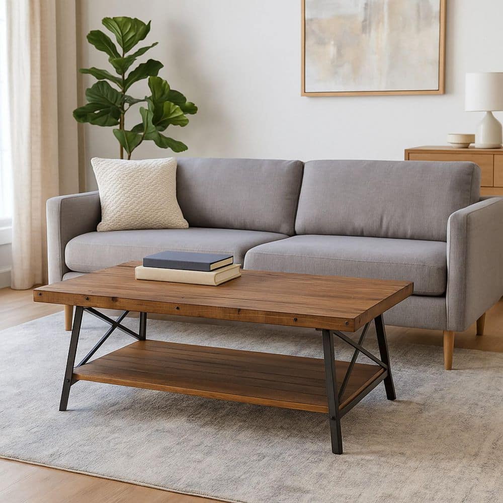 24 in. Brown/Black Rectangle Wood Top Coffee Table with Storage Shelf