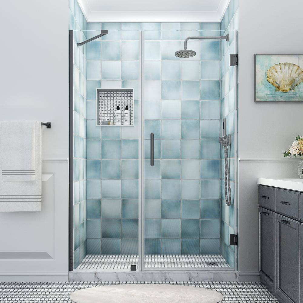 Belmore XL Frameless Hinged Shower Door with Clear Glass and Matte Black Frame