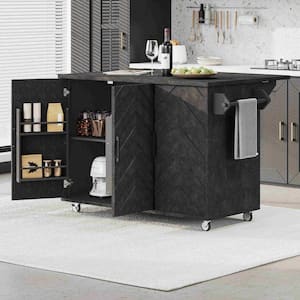 Black Wood 51.2 in. W Kitchen Island with Drop Leaf, Internal Storage Rack, Wheels