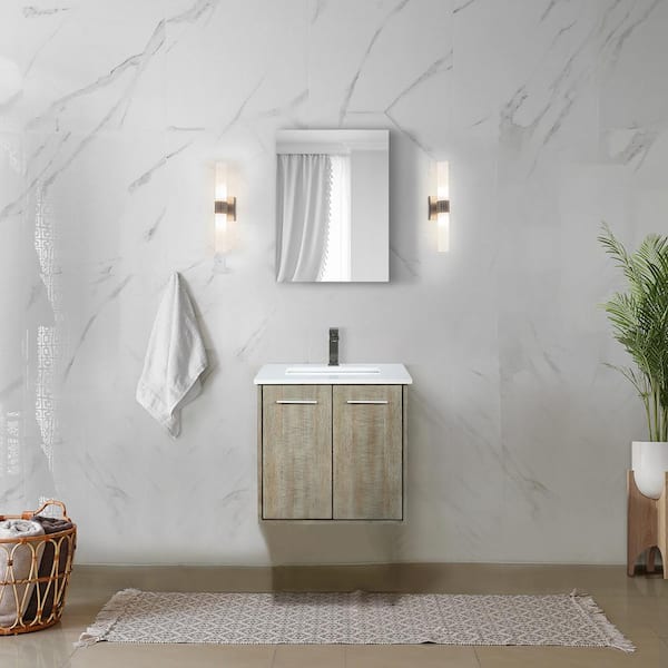 Lexora Fairbanks 24 in W x 20 in D Rustic Acacia Bath Vanity, White Quartz Top and Gun Metal Faucet Set