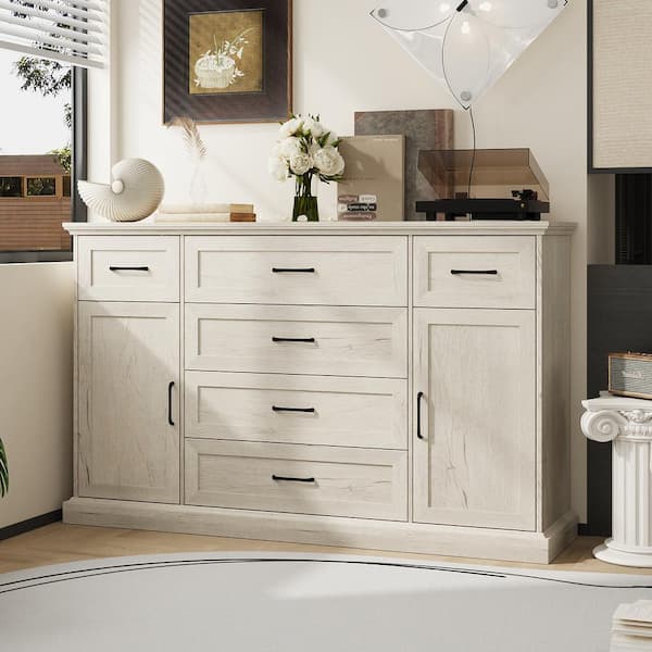 FUFU&GAGA Beige Wooden Grain 6-Drawer 61 in. W Wood Chest of Drawers, Dresser, Sideborad with 4-Shelves, Thick Top and 2-Doors