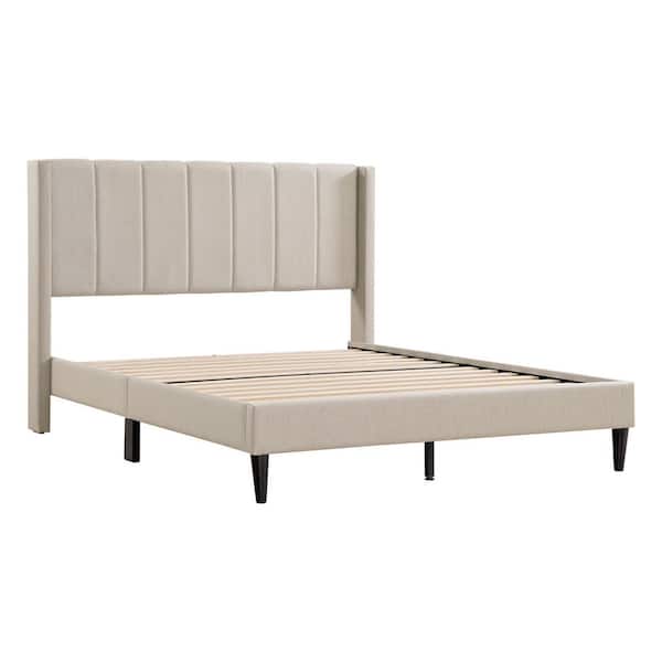 Jasper Brown Wood and Metal Frame Full Wingback Upholstered Platform Bed with Channel-Tufted Headboard
