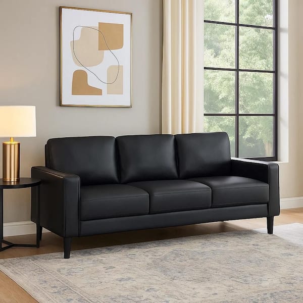 Rumi 76.5 in. Straight Arm Faux Leather Rectangle Sofa in. Black