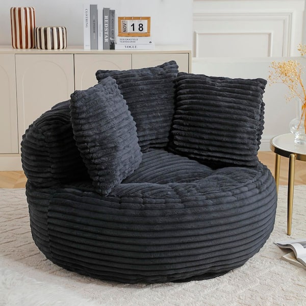 Black Corduroy Bean Bag Chair with Pillows and Backrest, Filled Foam Lounge Chair for Living Room, Apartment
