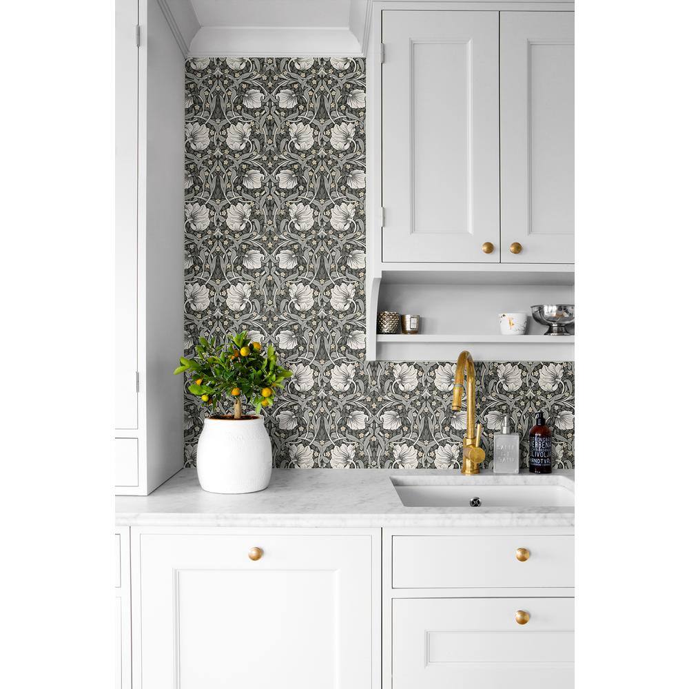 Charcoal and Pearl Grey Floral Peel and Stick Wallpaper