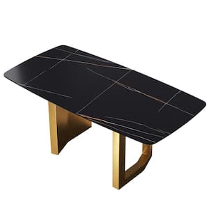 70.87 in. Rectangle Round Edge Black Sintered Stone Top Double Pedestal 2-Gold Metal Base Dining Table (Seats-6)