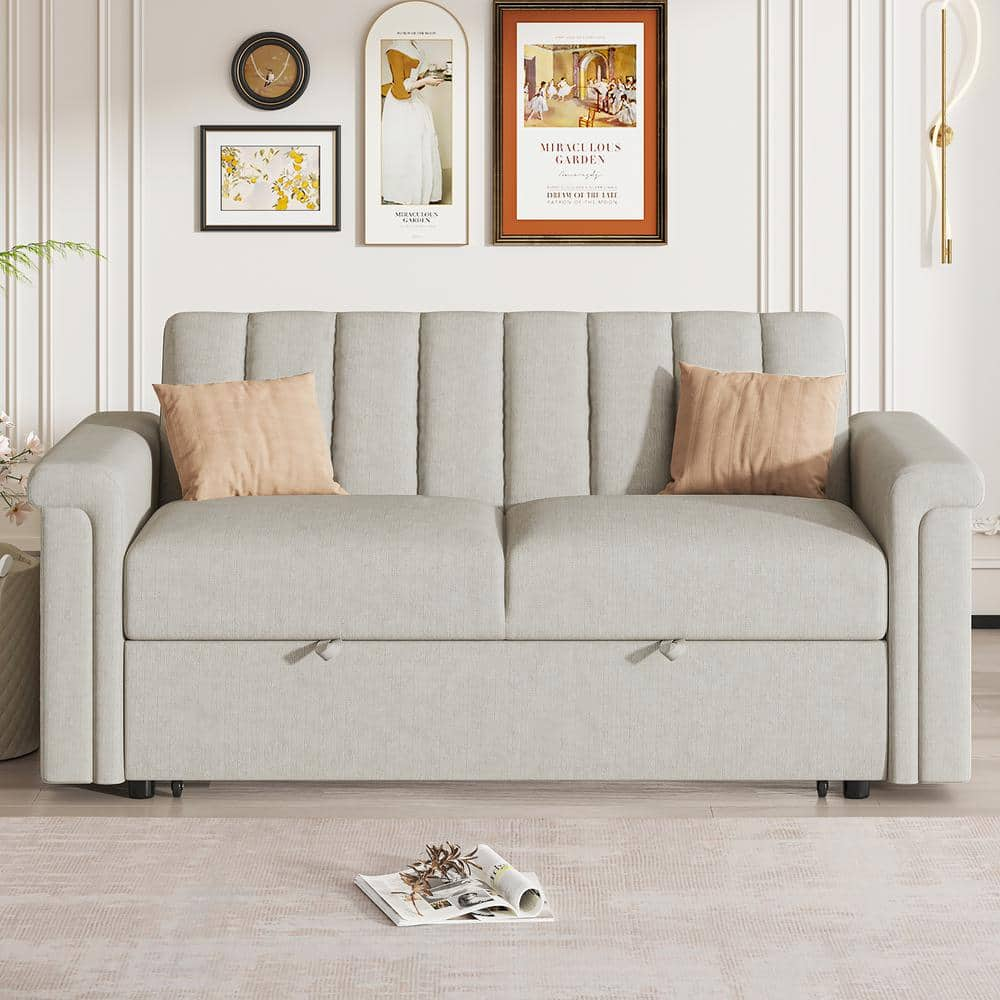 J&E Home 61 in. W Beige Velvet 2-Seater Twin Size Convertible Sleeper ...