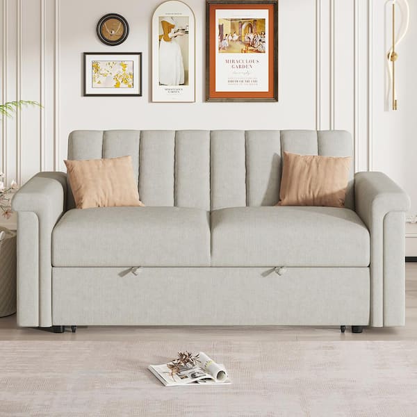 J&E Home 61 in. W Beige Velvet 2-Seater Twin Size Convertible Sleeper Sofa Bed