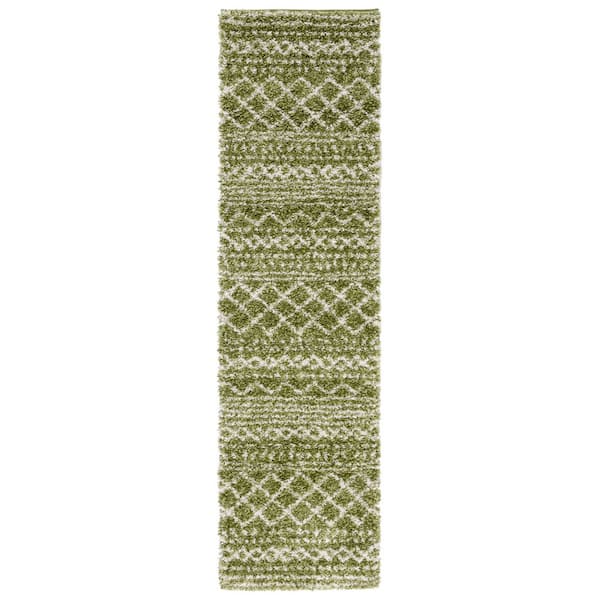 Arizona Shag Green/Ivory 3 ft. x 14 ft. Geometric Lodge Runner Rug