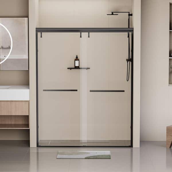 Xspracer Moray 60 in. W x 76 in. H Frameless Stainless Steel Single Sliding Shower Door in Matte Black Tempered Clear Glass