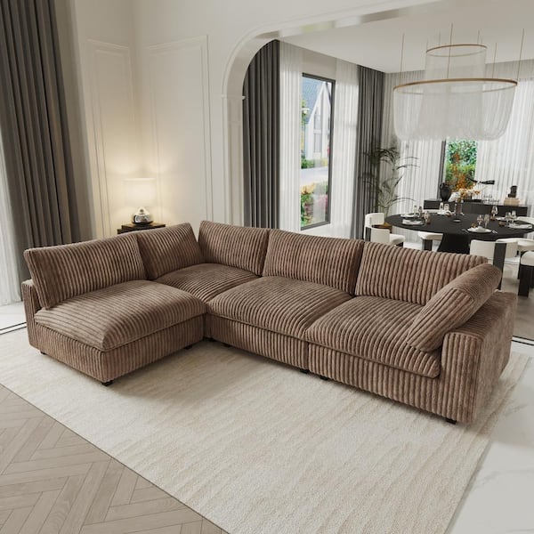 Lawson Cloud Couch 157 in. Square Arm Faux Rabbit Fur Velvet Down Filled Modular Sofa with Washable Covers in. Brown