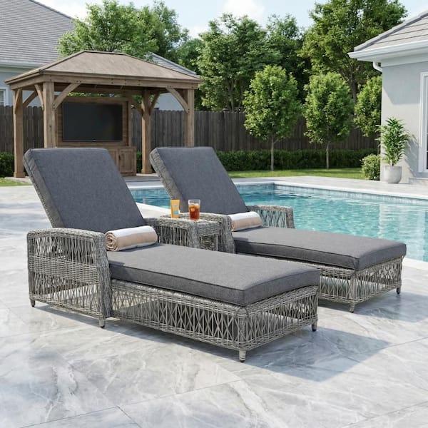 2-Piece Gray Wicker Outdoor Chaise Lounge with Gray Cushions and Adjustable Backrest