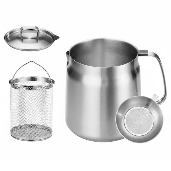 3.7qt 304 Stainless Steel Stock Pot in Silver with Deep Fryer Basket and Oil Strainer for Kitchen Cooking