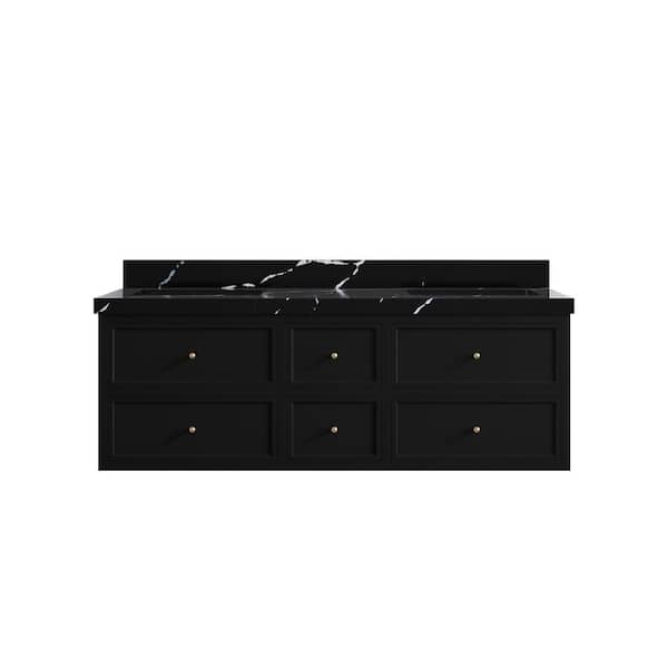 Willow Collections Roswell 60 in. Double Sink Freestanding Black Bath Vanity with Calacatta Black Qt. Top Unassembled