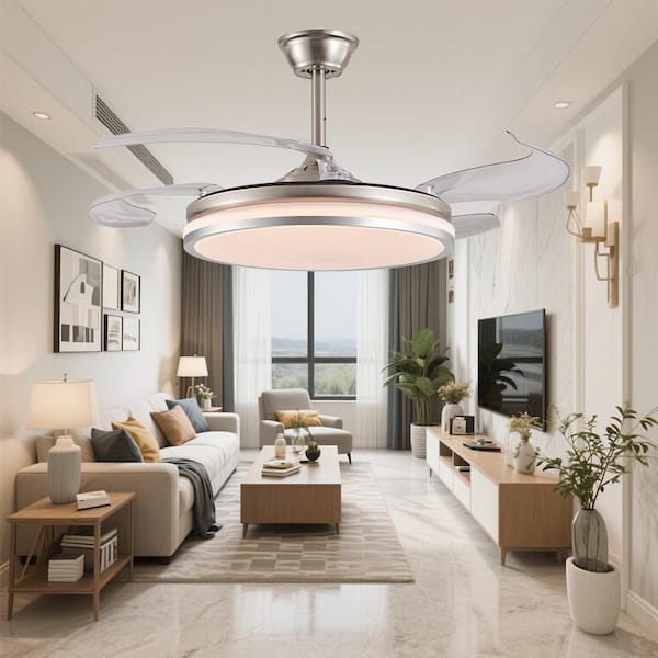 42 in. Indoor Chrome Downrod Mount Standard Ceiling Fans with Retractable Blades, LED Light and Remote Control