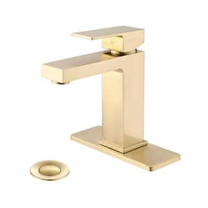 ABA Single Handle Single Hole Brass Bathroom Faucet with Deckplate and Drain Kit Included in Brushed gold