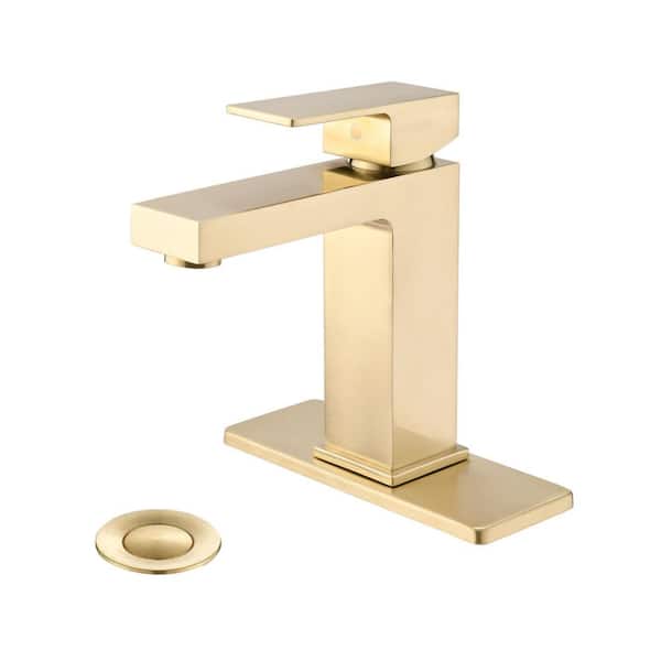 Aurora Decor ABA Single Handle Single Hole Brass Bathroom Faucet with Deckplate and Drain Kit Included in Brushed gold
