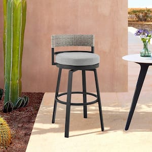 Encinitas Swivel Bar Height Aluminum and Wicker Outdoor Bar Stool with Gray Cushions