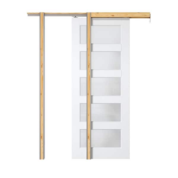 ARK DESIGN 32 in. x 80 in. White Primed MDF 5-Lite Glass Sliding Door, Wood Pocket Door Frame, with Hardware