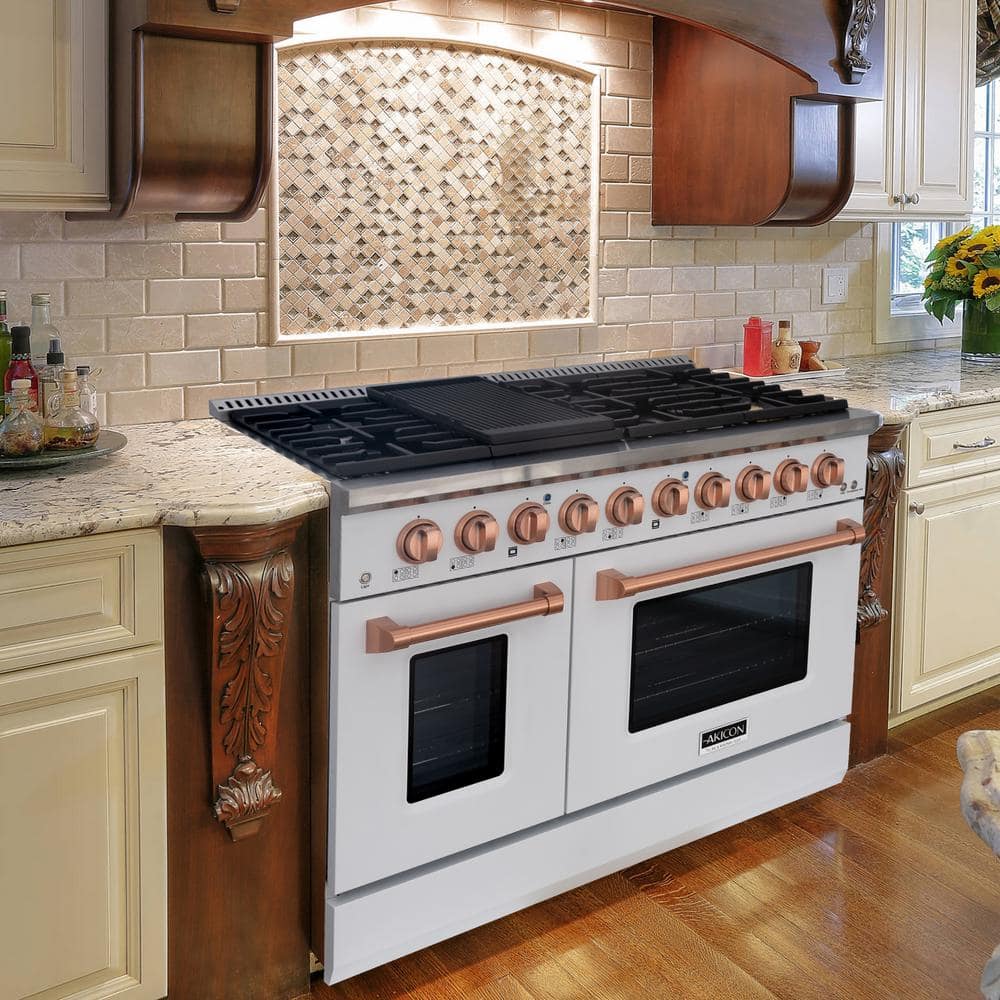 Akicon 48" White and Copper Convection Gas Range with 8 Burners