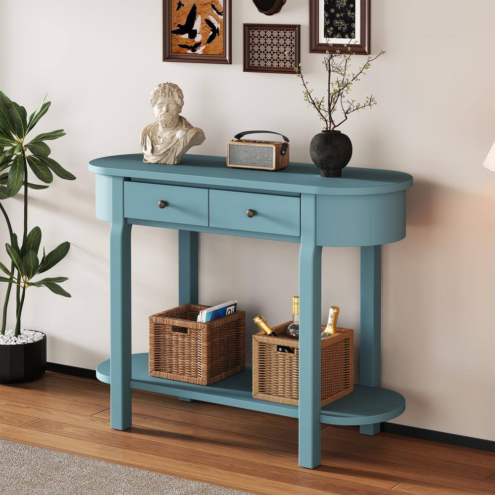 40 in. Turquoise Green Oval Wood Console Table with Curved Design and Smooth Glaze for Entryways