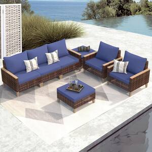 Brown 7-Piece Wicker Patio Conversation Set with Blue Removable Washable Cushions and 2-Footstools