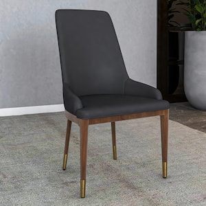 Leather Dining Chair with Brown Rubberwood Legs Accent Kitchen Room Side Chairs Viva Series in Dark Grey