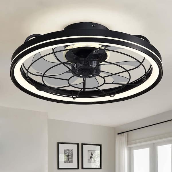 19 in. Indoor Black Caged Ceiling Fan with Integrated LED Light Modern Farmhouse Flush Mount Ceiling Fan