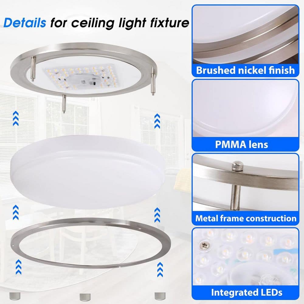 12" Brushed Nickel Round LED Flush Mount Ceiling Light