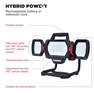 10,000 Lumen Three-Head Hybrid LED Work Light with Rechargeable Battery