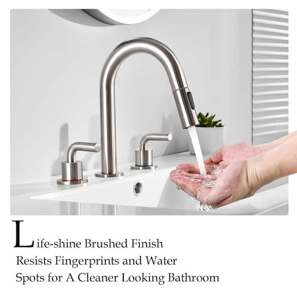 Double Handles 8 in. Widespread Bathroom Faucet 3-Hole with Pull Out Sprayer Bathroom Sink Faucet in Brushed Nickel
