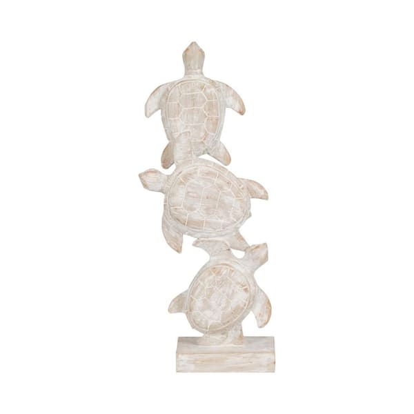 7 in. x 16 in. White Resin Coastal Stacked Sea Turtles Figurine