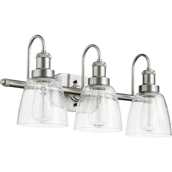 Hollis Transitional, 24 in. Width. 3-Lights, Satin Nickel Finish, Vanity Lights with Seeded Glass Shade