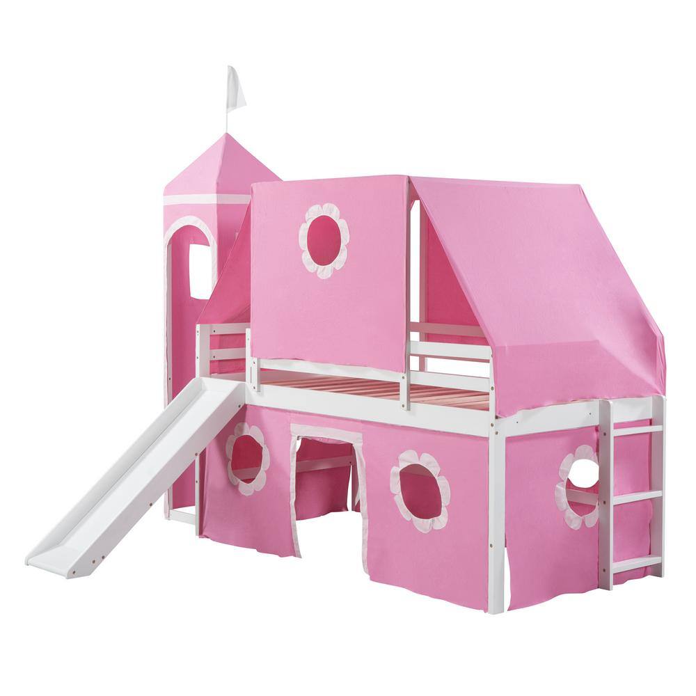 Harper & Bright Designs Pink Twin Size Wood Bunk Bed with Slide, Tent, Tower and Flower Windows